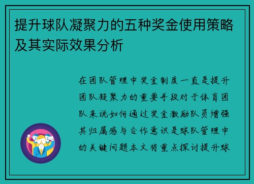 提升球队凝聚力的五种奖金使用策略及其实际效果分析