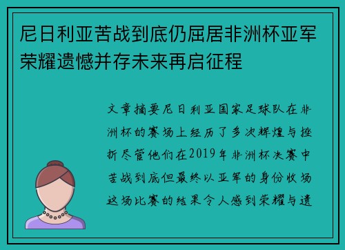 尼日利亚苦战到底仍屈居非洲杯亚军荣耀遗憾并存未来再启征程