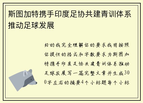 斯图加特携手印度足协共建青训体系推动足球发展