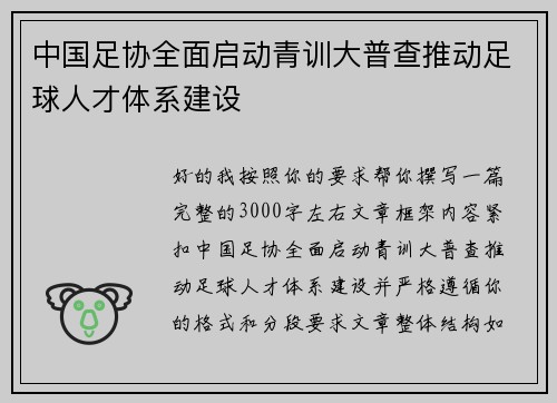 中国足协全面启动青训大普查推动足球人才体系建设