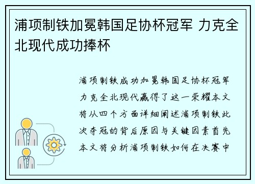 浦项制铁加冕韩国足协杯冠军 力克全北现代成功捧杯